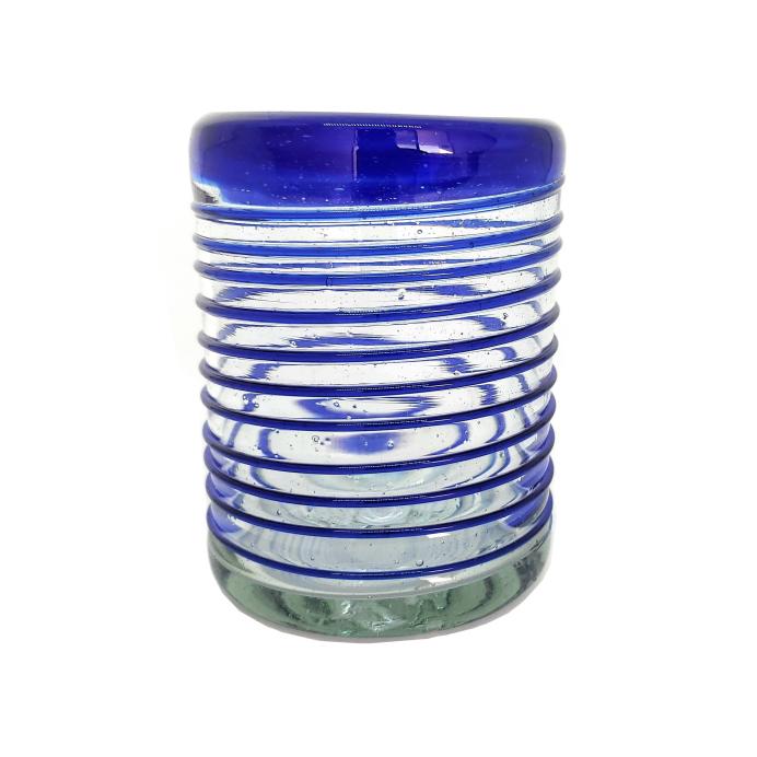 VIDRIO SOPLADO al Mayoreo / vasos chicos con espiral azul cobalto / Éste festivo juego de vasos es ideal para tomar leche con galletas o beber limonada en un día caluroso.